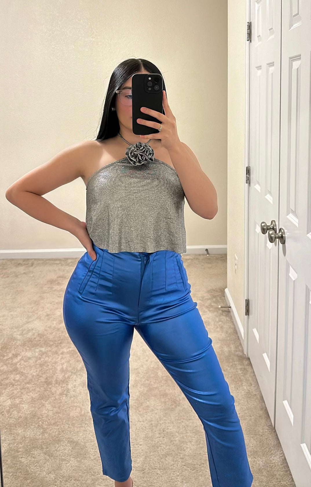 BLUE METALLIC PANTS